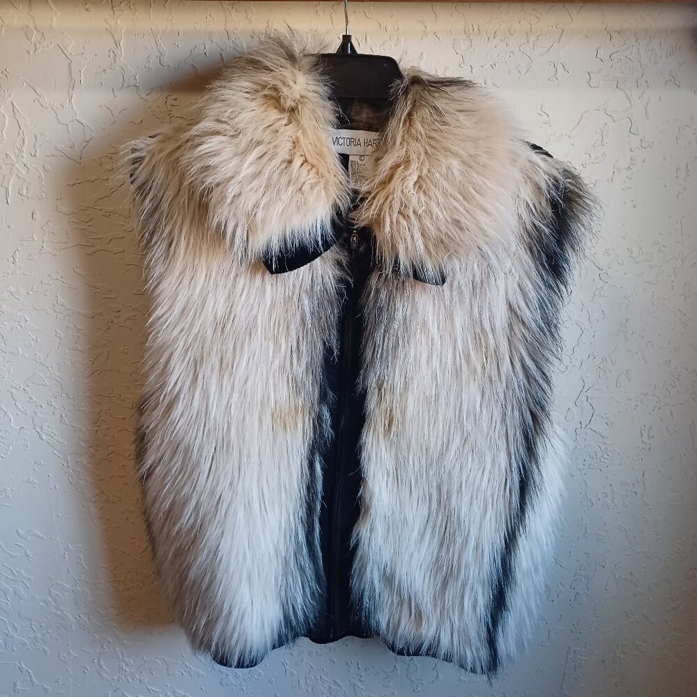 Vintage Victoria Harbour Womens Faux Fur Vest L Black Zip Removable Fur Collar